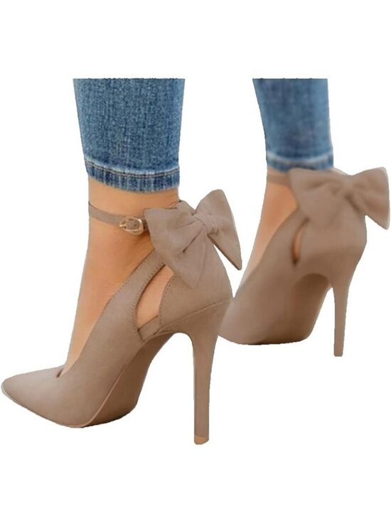 Shoes - Women's Khaki Pointed Toe High Heels Ankle Strap Sexy Bowtie Back Dress Sandals